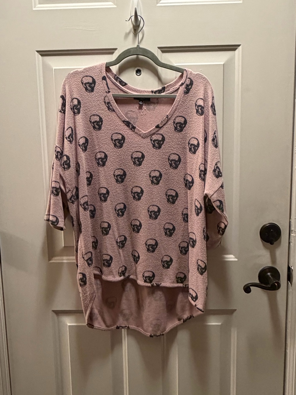 Premise Pink V-Neck Top with Black Skull Print